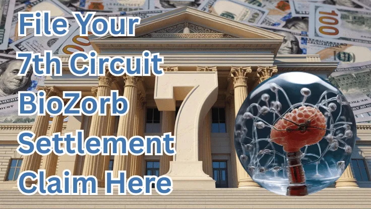 File Your 7th Circuit BioZorb Settlement Claim Here text on depiction of Seventh Circuit court with biopsy marker implant and high-value cash backdrop.